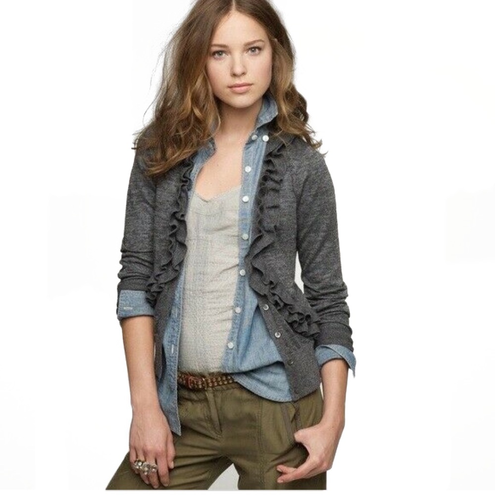 J. Crew Traversa Grey Ruffled Cardigan Sweater